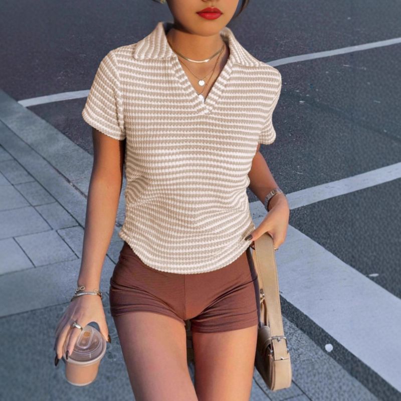 Women's Simple Striped T-Shirt Summer Comfortable Loose Polo Collar Deep V Knitted Top_voghion.com