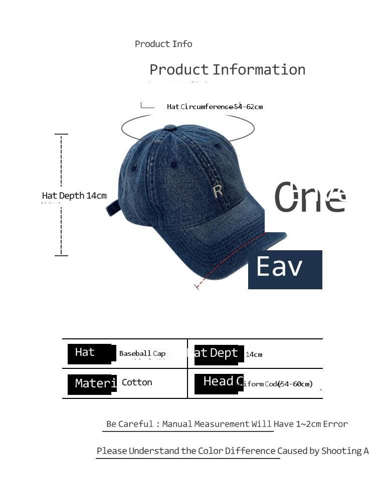 Gorra de béisbol vaquera con letras para mujer, versión coreana, Simple, profunda, lengua superior, cabeza grande, cara pequeña_voghion.com