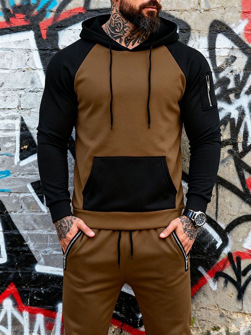 Felpa con cappuccio in pile e jogger in velluto e colori coordinati per uomo - Completo due pezzi a blocchi di colore per sport invernali e abbigliamento casual_voghion.com