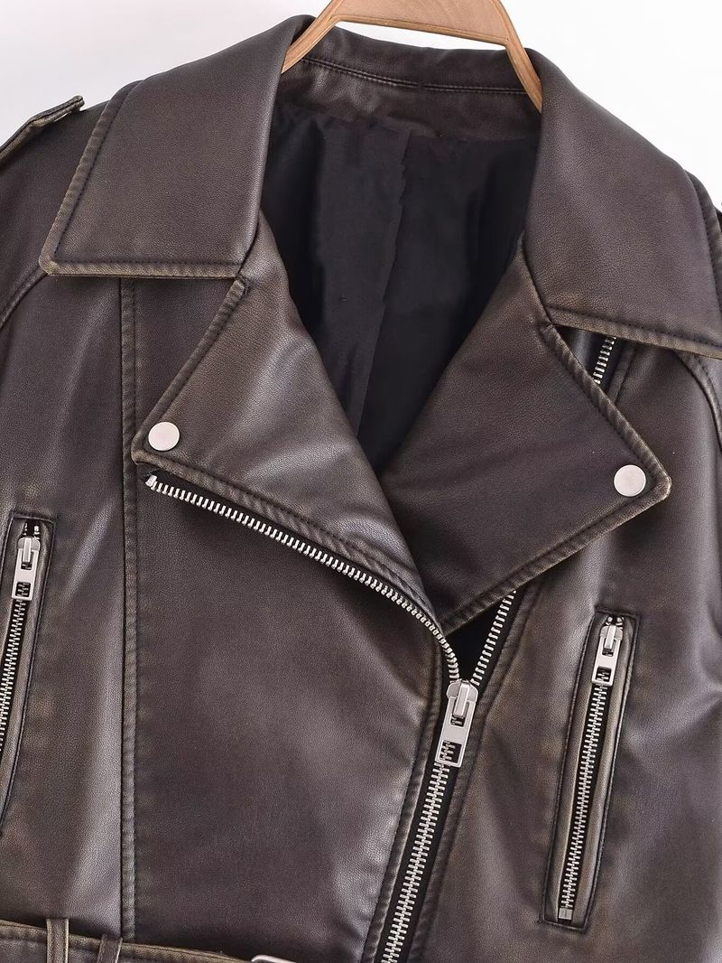 Damen-Bikerjacke aus Kunstleder – Slim Fit Kurzmantel mit Gürtel, V-Ausschnitt, langen Ärmeln (Weiß, Schwarz, Grau, Armeegrün, Dunkelbraun)_voghion.com