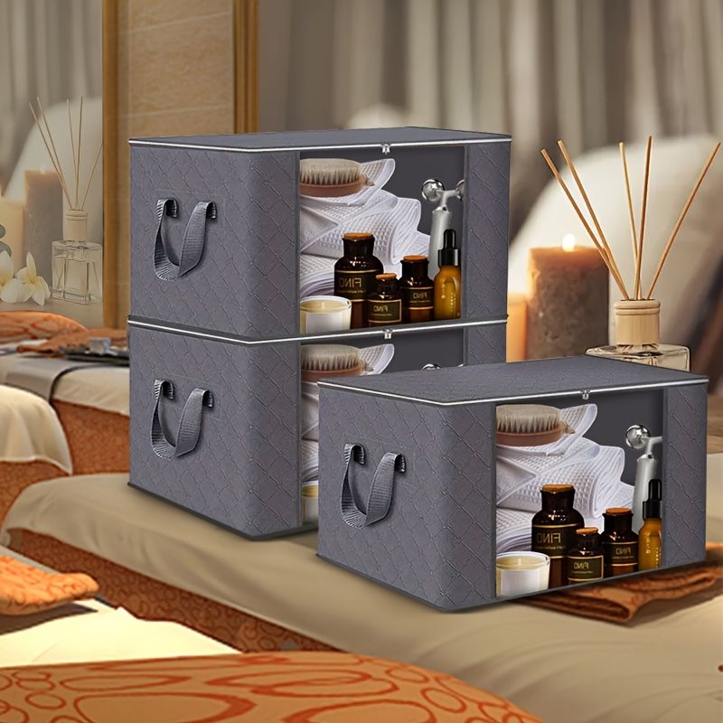Large Capacity 3-Pack Foldable Grey Woven Fabric Storage Bins - Ideal For Home, Bedroom, Dorm, Spa Wardrobes - No Electricity Needed_voghion.com