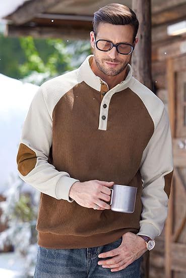 Felpa da uomo in velluto a coste con colletto alto, manica raglan, casual e color block_voghion.com