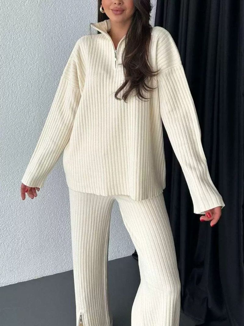 Ensemble deux pièces en tricot côtelé à col montant et fermeture éclair pour femme - Tenue d'automne douce avec manches longues et pantalon (disponible en 8 tailles, du S au XXXXXL)_voghion.com