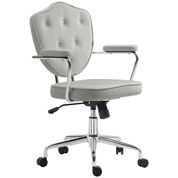 HOMCOM Cute Home Office Chair, Computer Desk Chair With Button Tufted Velvet-Feel Fabric, Swivel Vanity Chair, Gray_voghion.com