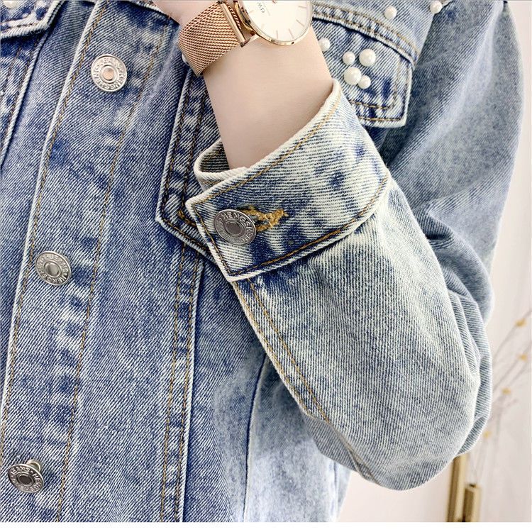 Distressed Denim Jacket Women's Casual Blazer With Rhinestone Embellishments, Light Blue Oversized Coat For Students & Plus Size_voghion.com