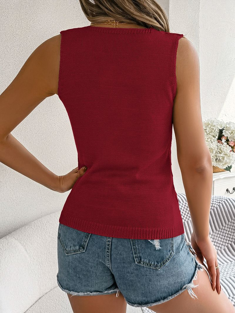 Roupas femininas Real Shot Of New Summer Cor sólida Botão V Neck Hollow Mangas Top Suéter de férias_voghion.com