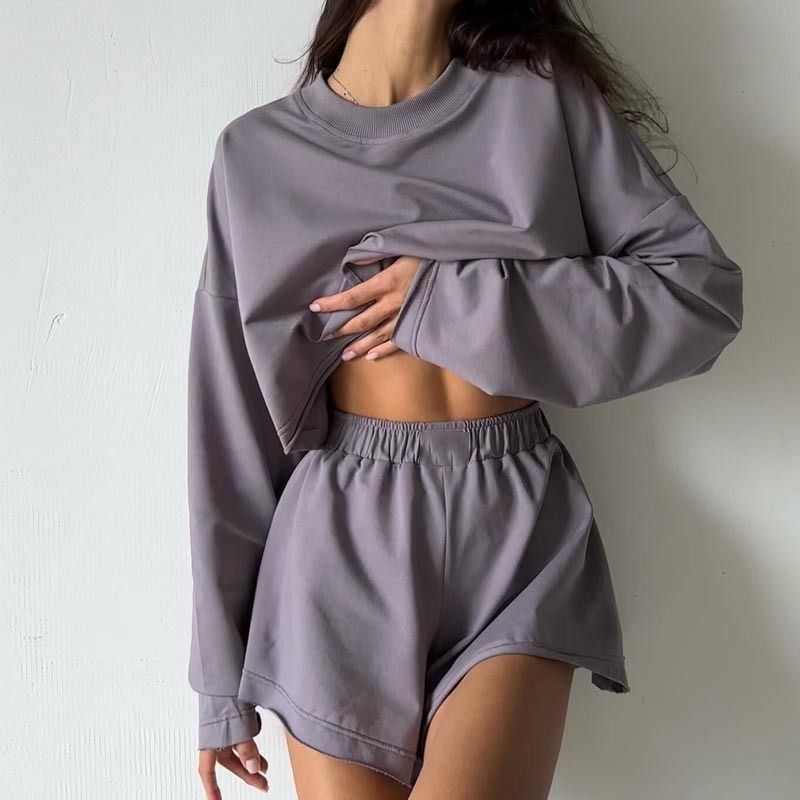 Women's Clothing Casual Loose Sports Suits For Women Long Sleeved Sweatshirt Tops Shorts Two Piece Home Clothes For Women_voghion.com