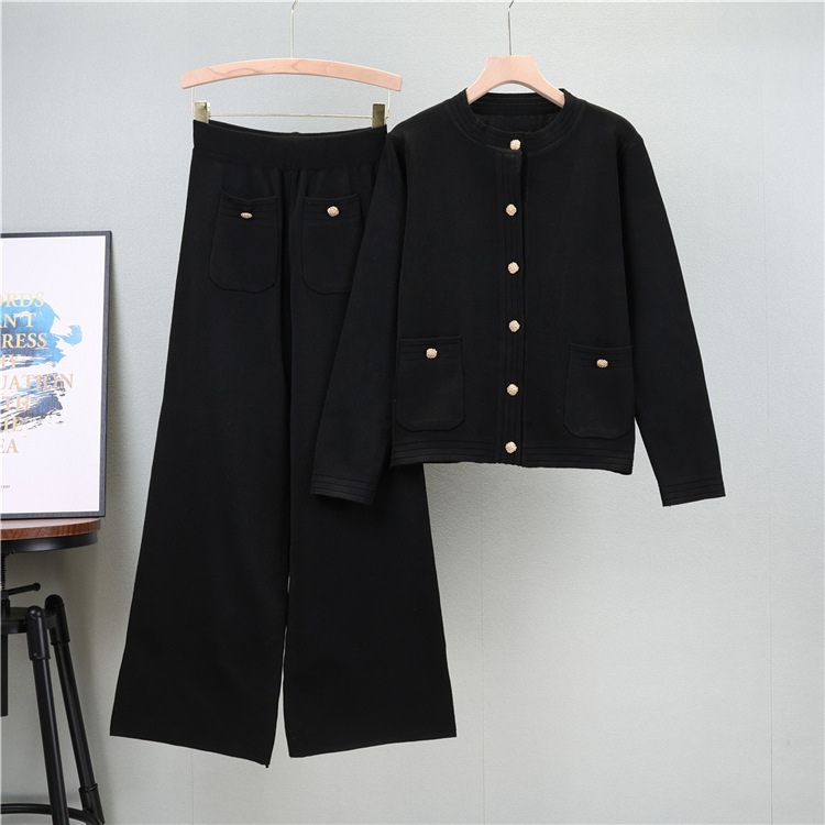 Women's Clothing fashion casual knitted suit women's autumn long sleeved cardigan top wide leg trousers small fragrance two piece set_voghion.com