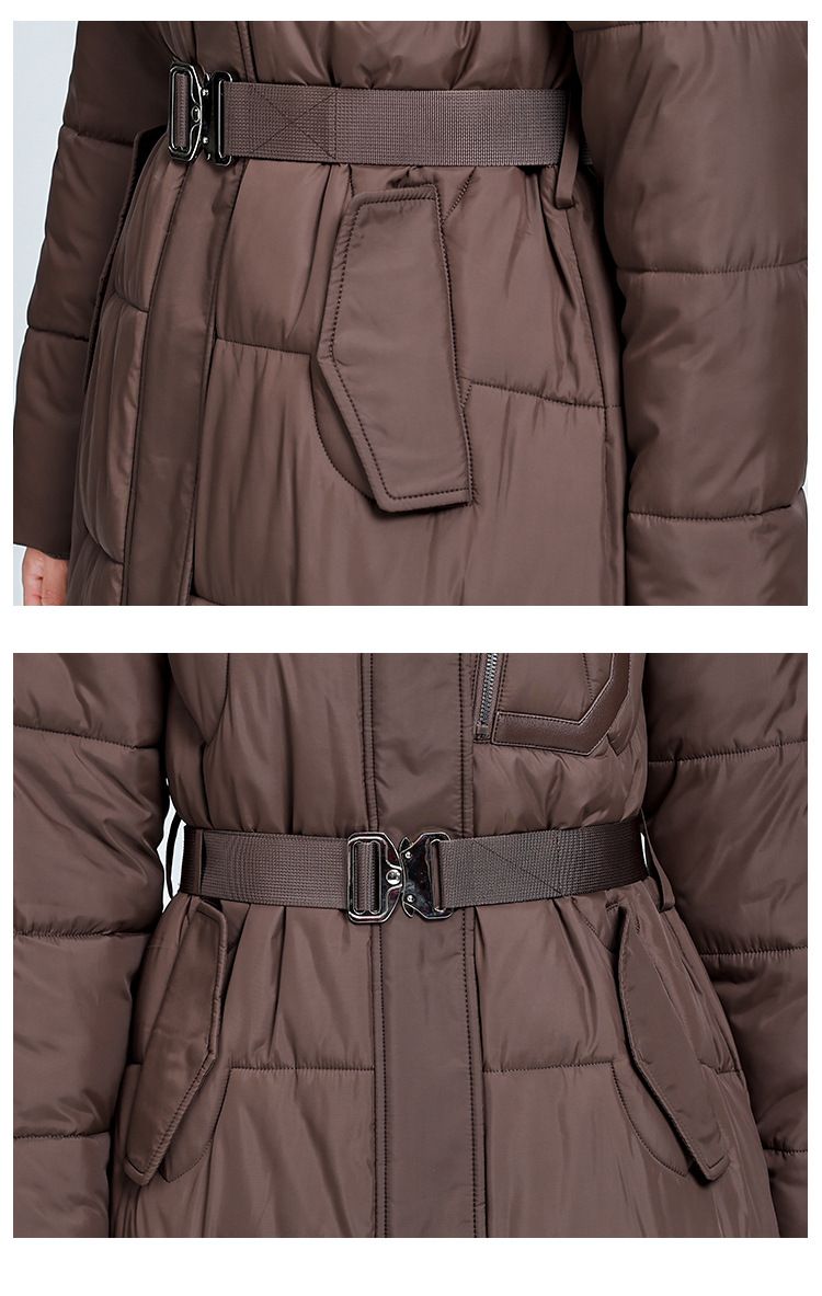 Roupas femininas Casaco longo de plumas com cinto, corte slim, jaqueta quente de inverno com capuz, agasalho casual (disponível em bege, preto, cáqui, marrom)_voghion.com