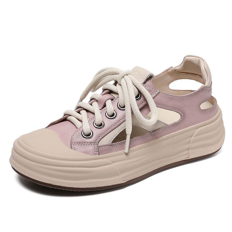 Hollow Out Fashionable Toe Sandals For Women With Thick Soles 2025 Summer Leather Breathable Flat Bottomed Lace Up_voghion.com