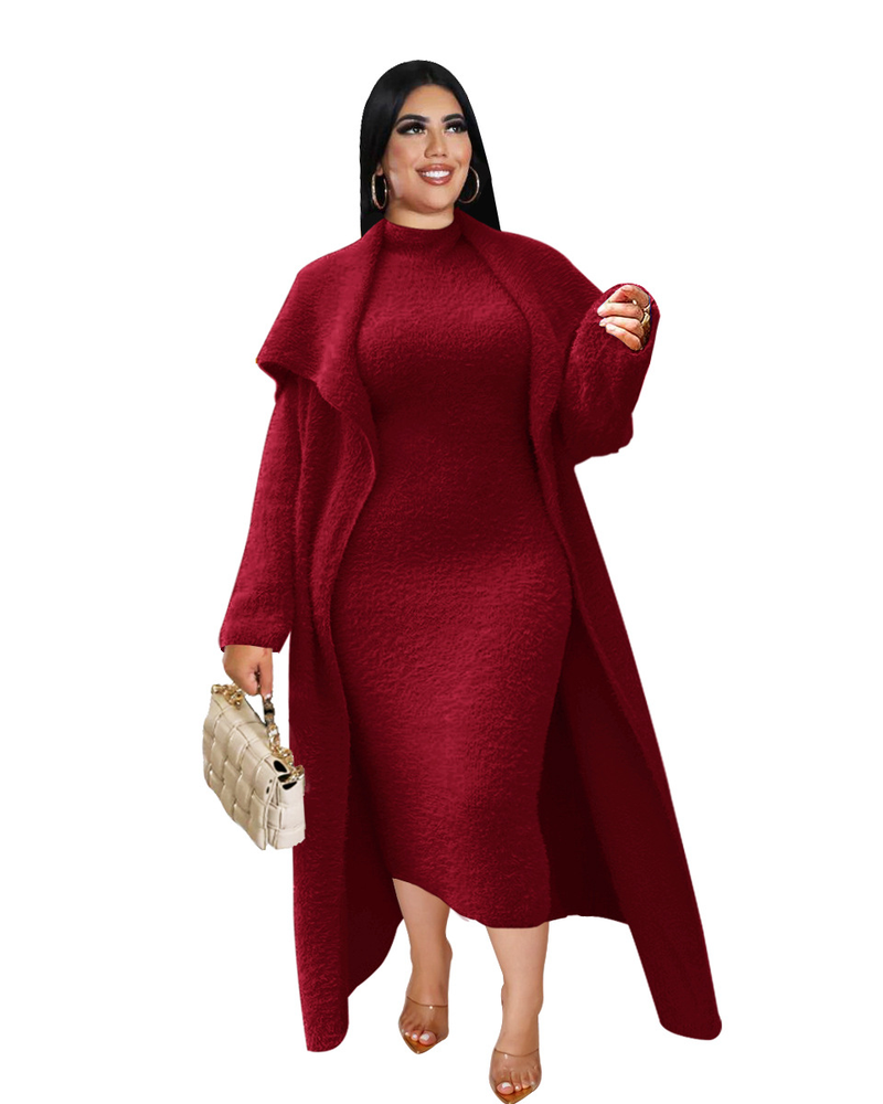 Women's clothing temperament dress and coat two-piece fashion loose long cardigan velvet suit_voghion.com