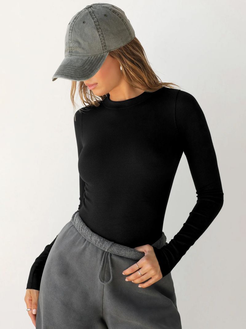 T-shirt a maniche lunghe elasticizzata a coste da donna - Vestibilità slim, scollo rotondo, versatile top da indossare a strati per outfit casual e streetwear_voghion.com