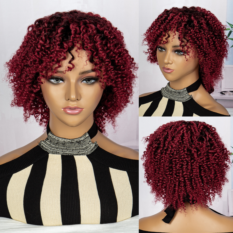 Burgundy human hair machine-made short curly bangs full head two-color wig_voghion.com
