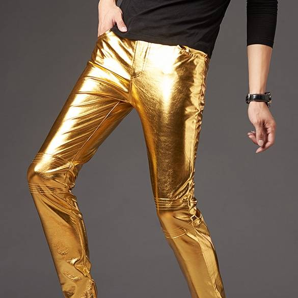 Pánské oblečení Kožené kalhoty Slim Fit Skinny Kalhoty Stage Performance Pánské motocyklové Pánské lesklé stříbrné kožené kalhoty_voghion.com