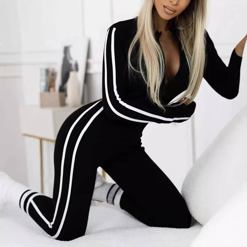 Damenbekleidung Herbst und Winter Damen Schmaler gestreifter Jumpsuit mit halbem Reißverschluss_voghion.com