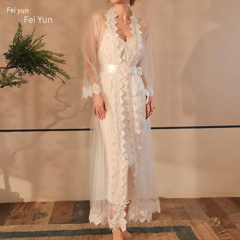 Damen Nachtwäsche Pyjamas Hosenträger Nachthemd Robe Zweiteiliger Anzug Wasserlösliche Blumennetzspitze Spleißen Lange Heimkleidung_voghion.com