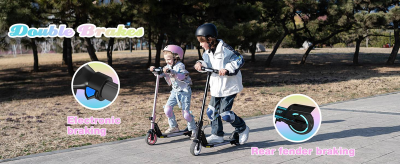 RCB R12 Elektroroller für Kinder im Alter von 6–12 Jahren, max. 15 km/h und 10 km, 6,5 Zoll, faltbar, LED-Display, LED-Regenbogenlicht, zwei Bremsarten, Geschenk für Kinder_voghion.com
