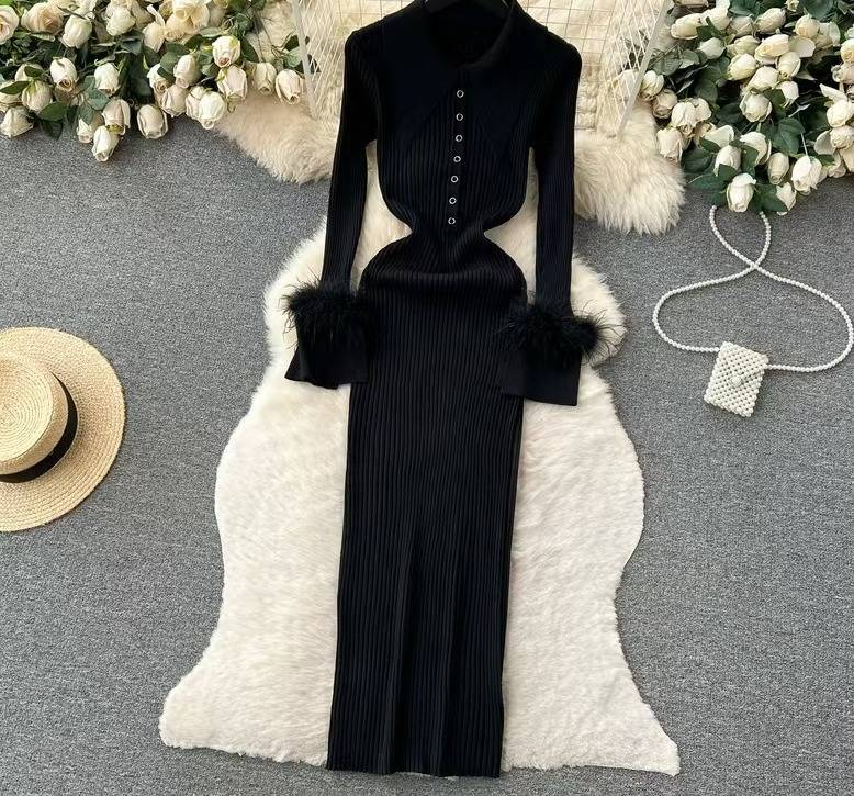 Elegantes Strickkleid mit Federbesatz – Damen-Pulloverkleid in A-Linie mit hoher Taille (S-L, 7 Farben)_voghion.com