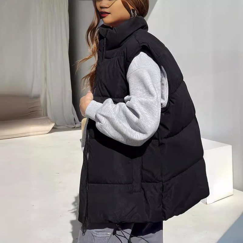 Gilet da donna in cotone senza maniche con cerniera - Vestibilità comoda e casual, leggero e confortevole, vari colori (nero, marrone scuro, verde militare, bianco)_voghion.com