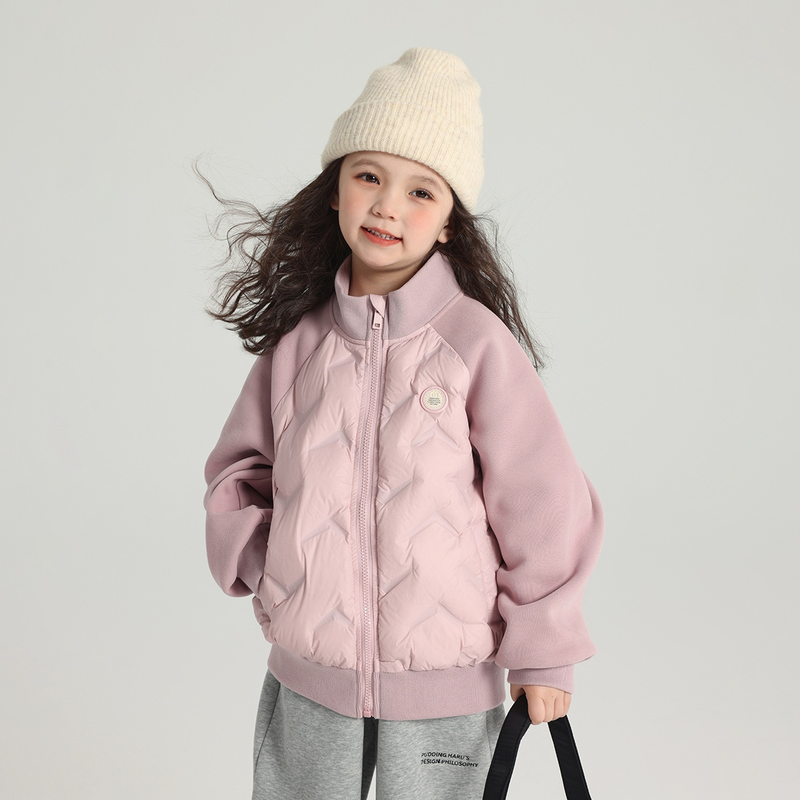 Trendy Baseball-Style Down Jacket For Girls – 90% White Duck Feather Fill, Long Sleeve Hooded Coat, Anti-Fluff Cotton Shell (Black/Pink)_voghion.com