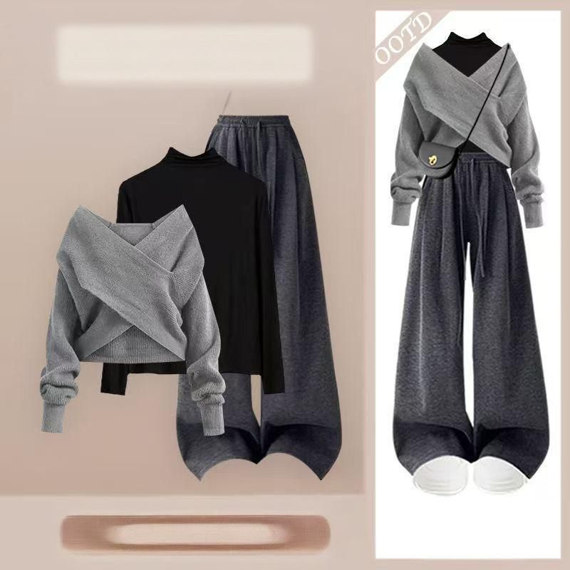 Damenbekleidung, Strickoberteil mit schmaler Passform, Herbst-Strickpullover-Set – Übergroßes, gekreuztes Oberteil mit schmaler Loungehose (3-teiliges Outfit in Grau und Schwarz)_voghion.com