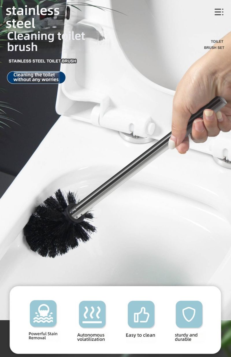 Plastic Toilet Brush With Replaceable Head – Ergonomic Handle, Anti-Splash Base For Bathroom Cleaning (Black/White)_voghion.com