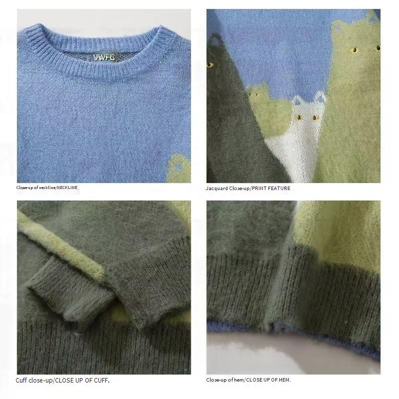 Unisex-Pullover mit Retro-Katzen-Print, übergroßer Strickpullover mit Farbblockdesign und lässigem Stil, passender Freizeitpullover für Paare (Blau, Schwarz)_voghion.com