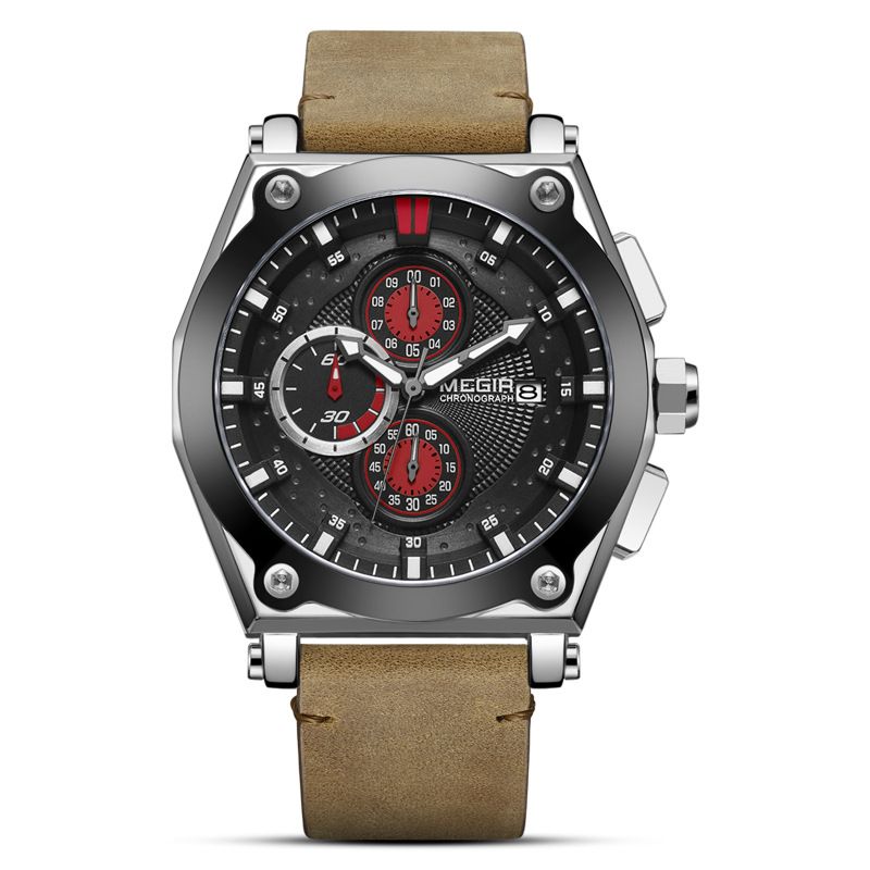 Orologio sportivo da uomo MEGIR in vera pelle con cronografo, resistente all'acqua, luminoso, multifunzione, design elegante_voghion.com