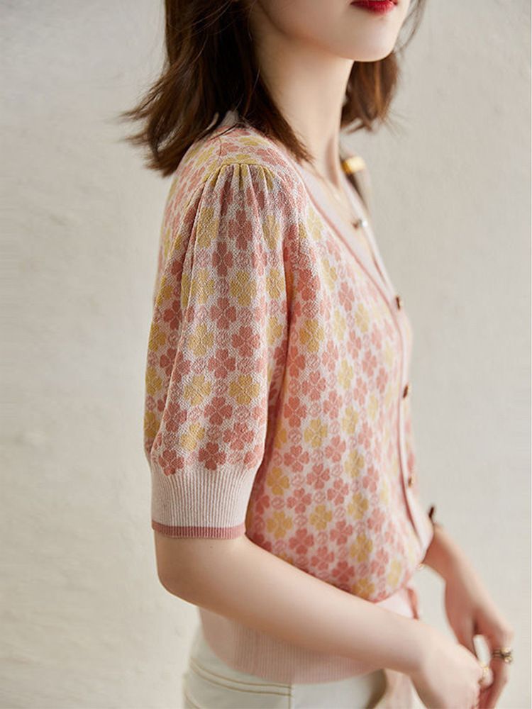Cardigan tricoté mi-long à col en V pour femme, nouveau style printemps 2024, haut ample à manches cinq-quarts avec taille cintrée en jacquard occidental_voghion.com