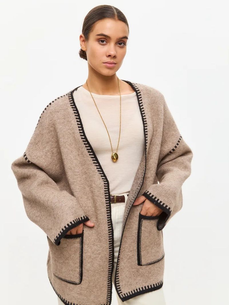 Elegant Belted Knit Cardigan - Oversized Longline V-Neck Sweater With Contrast Trim, Soft Lambswool Blend, Casual & Chic_voghion.com