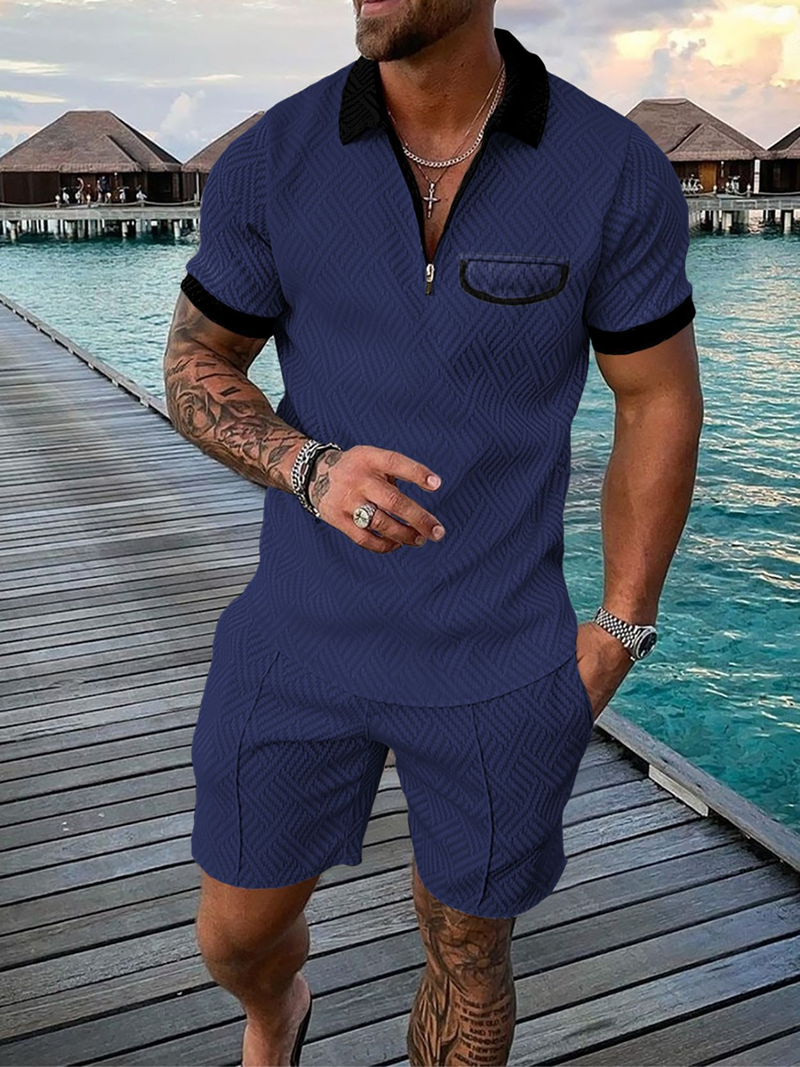 Lässiges bedrucktes Kurzarm-Poloshirt-Set für Herren, Sportbekleidung, bequem, atmungsaktiv, Reißverschluss am Hals, T-Shirt und Poloshirt_voghion.com