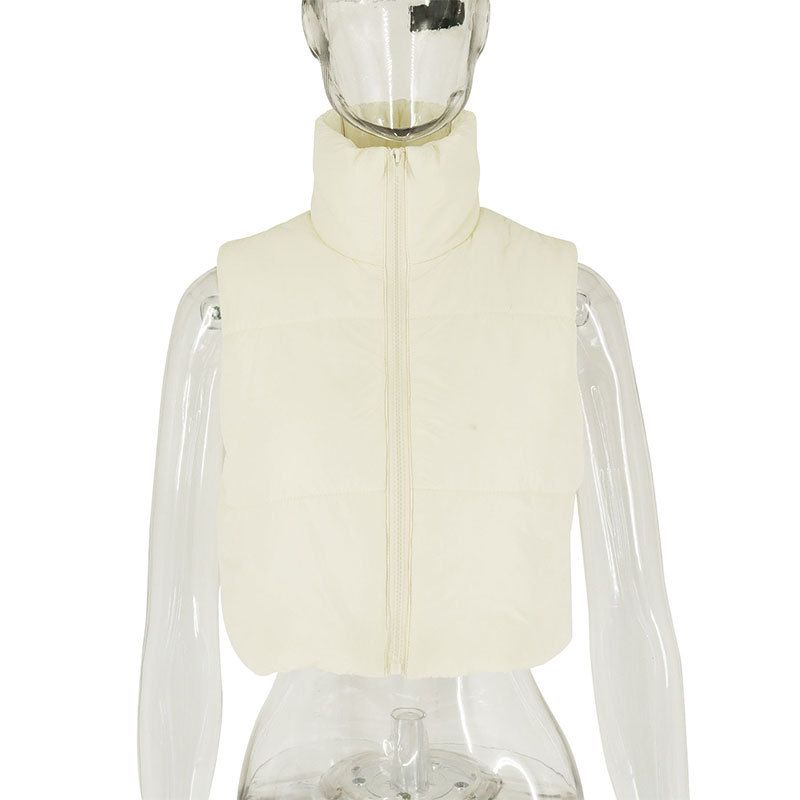 Gilet trapuntato da donna con collo alto, giacca imbottita senza maniche per autunno inverno, moda streetwear in bianco, nero, grigio_voghion.com
