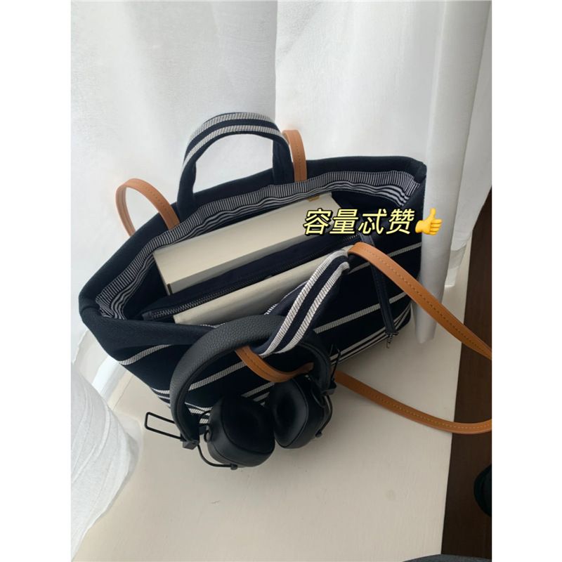 Denim Tote For Women, Large Capacity, Color-Block Striped, Casual Vacation Beach Handheld Canvas Bag, Shoulder Bag_voghion.com
