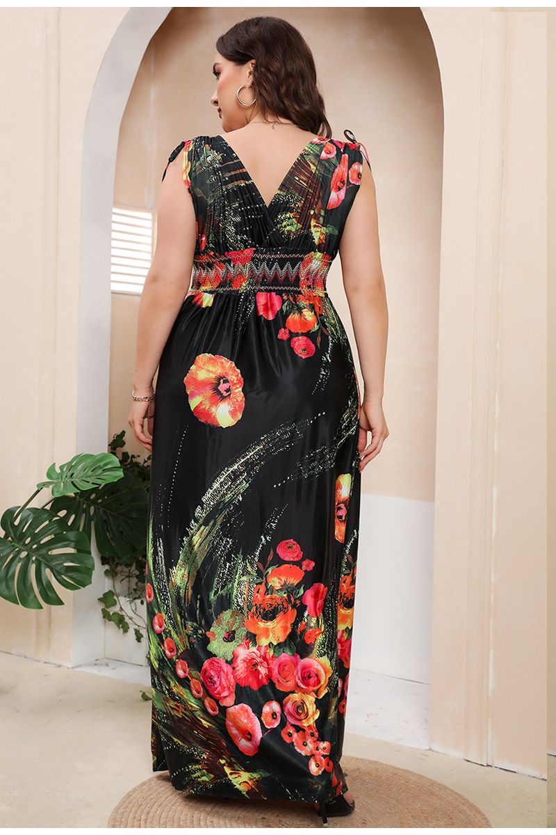 Vestido de seda de hielo con estampado de talla grande para mujer, vestido largo bohemio con escote en V y tallas grandes_voghion.com