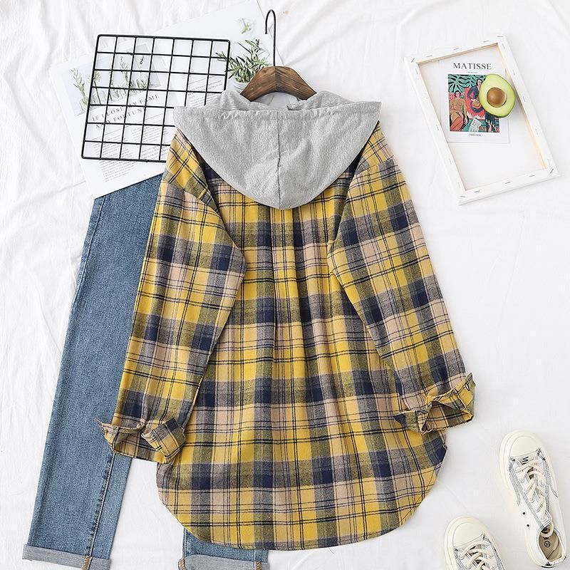 Abbigliamento da donna Camicie a quadri da donna primaverili, estive e autunnali. Camicia cardigan ampia con cappuccio in stile retrò Hong Kong_voghion.com
