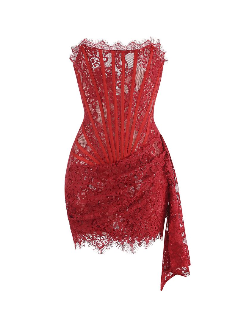 Elegantes, schulterfreies, schmales, figurbetontes Minikleid aus Spitze mit Korsett und Stäbchendetail_voghion.com
