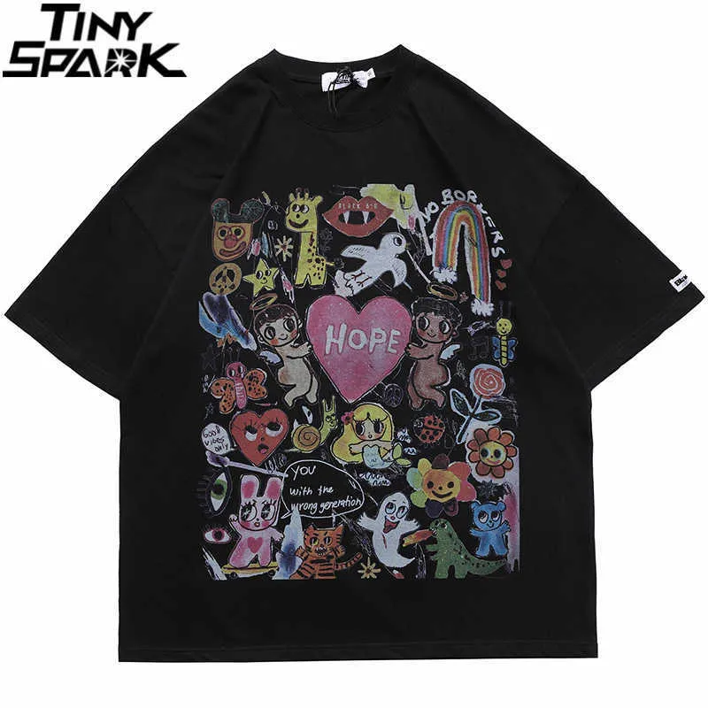 Pánská trička, pánské oversized tričko, hip hop, streetwear, malba, písmeno, srdce, duhový andělský tisk, tričko Haruku, bavlna_voghion.com