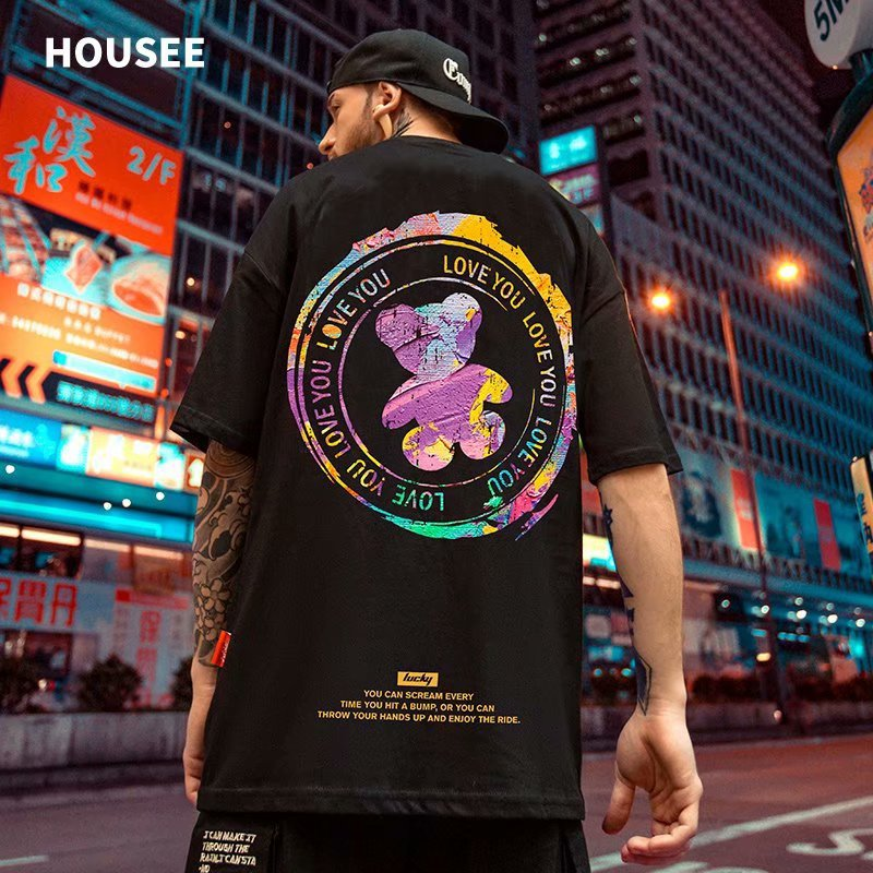 C&J Oversize moda narodowa moda hip-hop niedźwiedź koszulka z krótkim rękawem moda męska luźna duża para pół rękawa_voghion.com