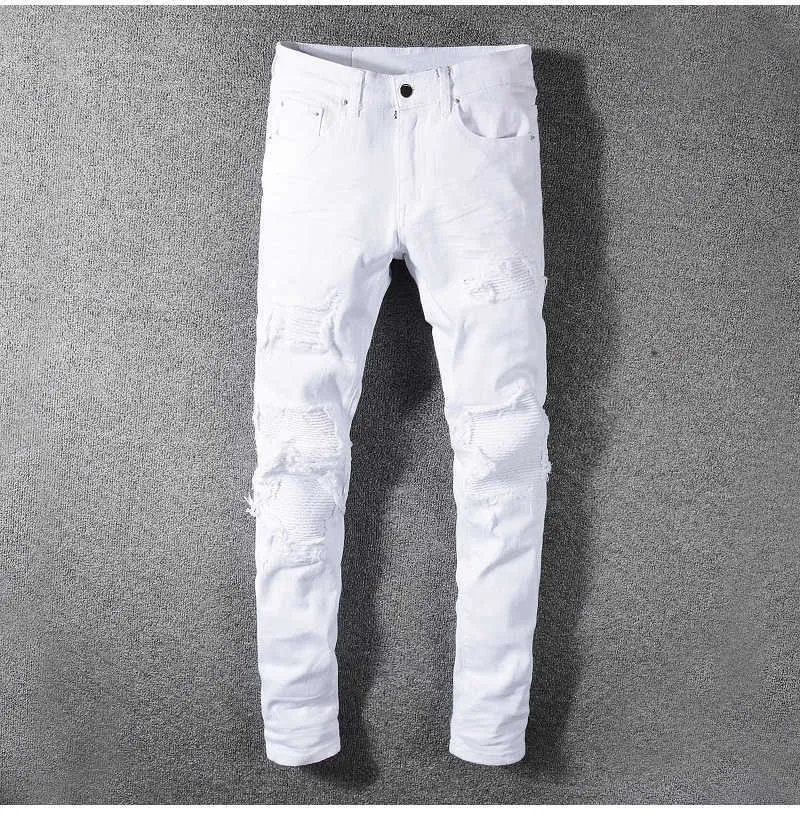 Jeansy Sokotoo Męskie białe, rozciągliwe, zgrywanie jeansy motocyklowe Slim, obcisłe, plisowane, patchworkowe spodnie jeansowe T221102_voghion.com