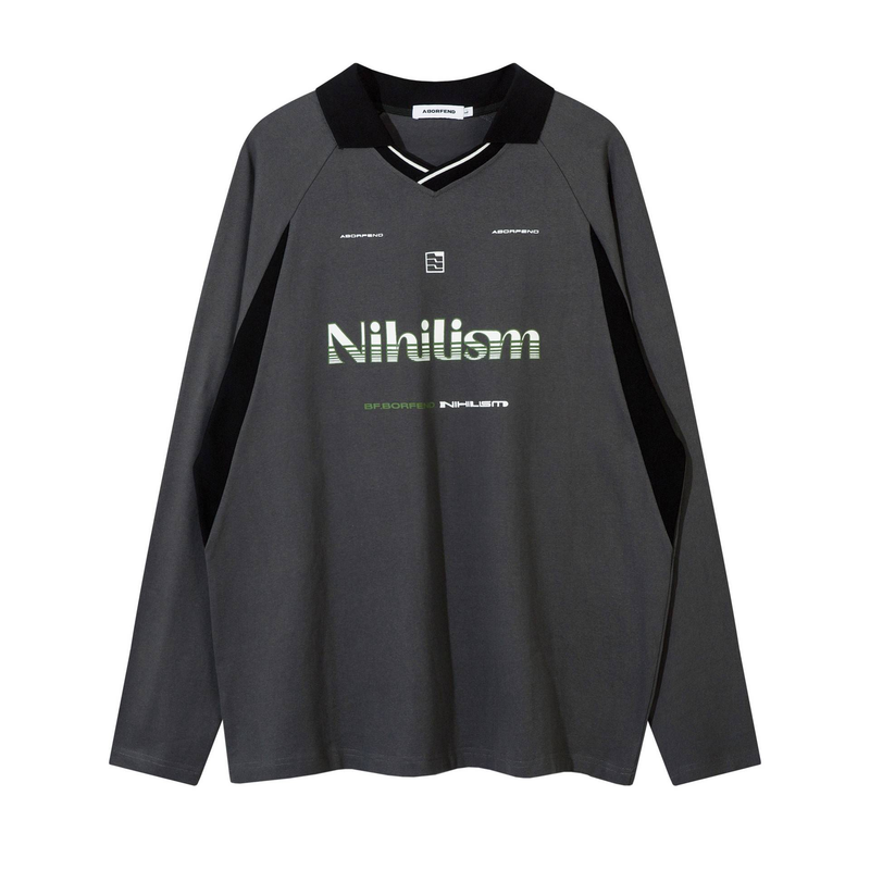 Herrenbekleidung Retro Kontrastfarbe Spleißen Rennanzug V-Ausschnitt Polo Lose Männer Und Frauen Langarm Sweatshirt Herbst Und Winter_voghion.com
