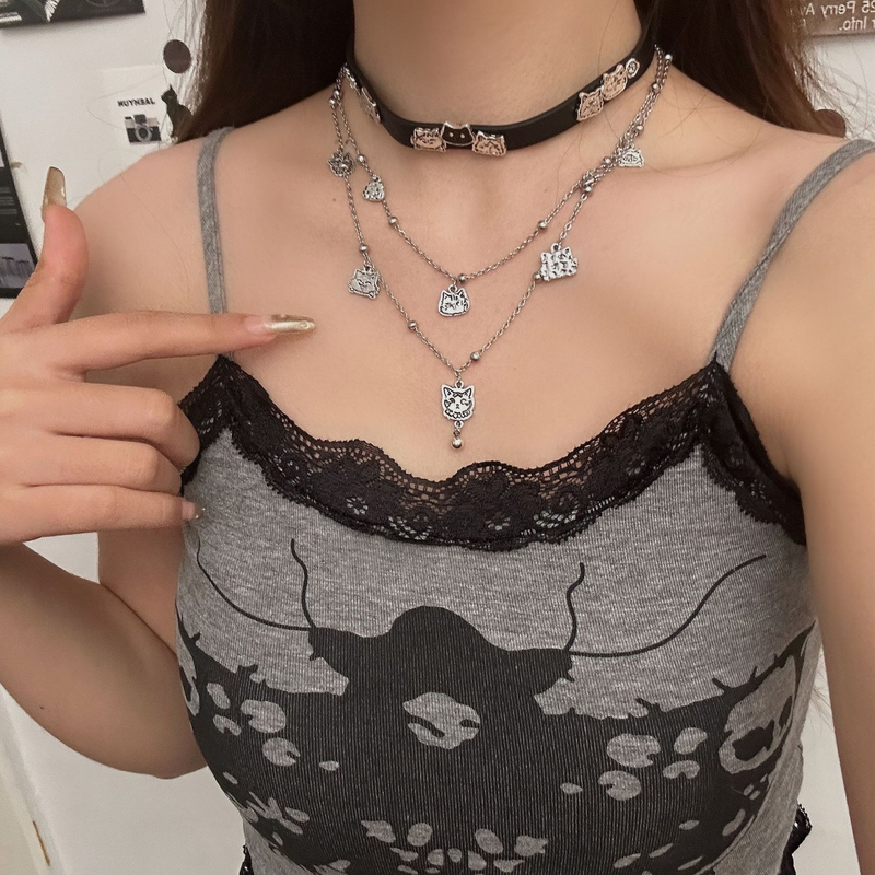Collana unisex con nappa in pelle e gatto divertente, girocollo da donna, dolce, fresca e calda, collana impilabile, collana con personalità di nicchia._voghion.com