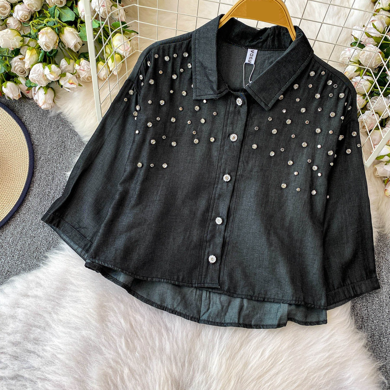 Luxe blouse met versieringen voor dames, statement revers, top met halflange mouwen, 8 levendige kleuren (zwart/groen/rood/meer) voor op kantoor en een avondje uit_voghion.com