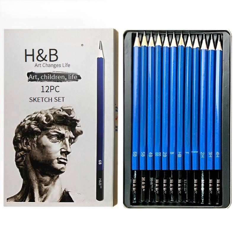 Professionelles 12-teiliges Skizzierstifte-Set im Metalletui – 2B Graphit, hochwertige Holzstifte für Künstler und Studenten_voghion.com