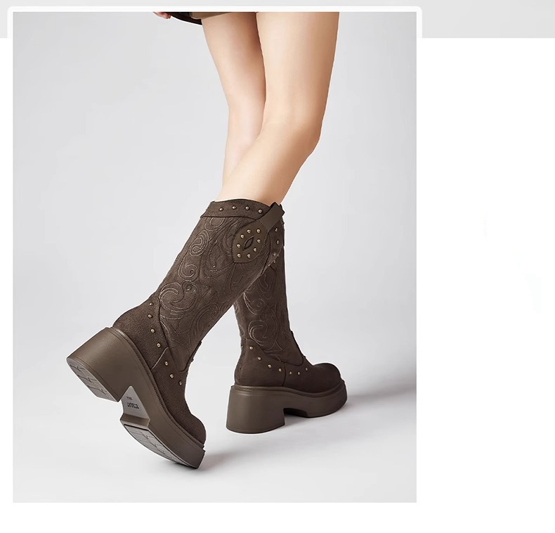Damenschuhe Retro Spitzschuh Damenstiefel Dicker Absatz Ärmel Ritterstiefel Herbst Neue bestickte Stiefel mit mittlerer Wade Western Cowboystiefel_voghion.com