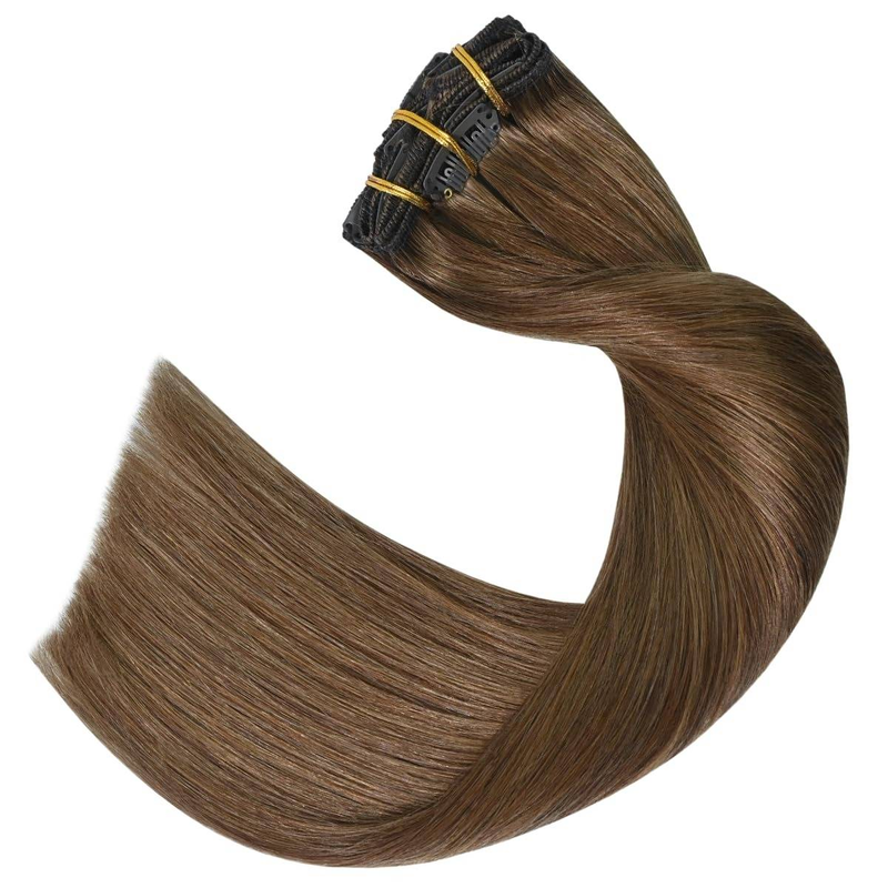 Extension con clip in capelli veri umani, 24 pollici, castano chiaro, con clip in doppia trama, extension con capelli veri umani al 100%, 8 pezzi, 120 g_voghion.com