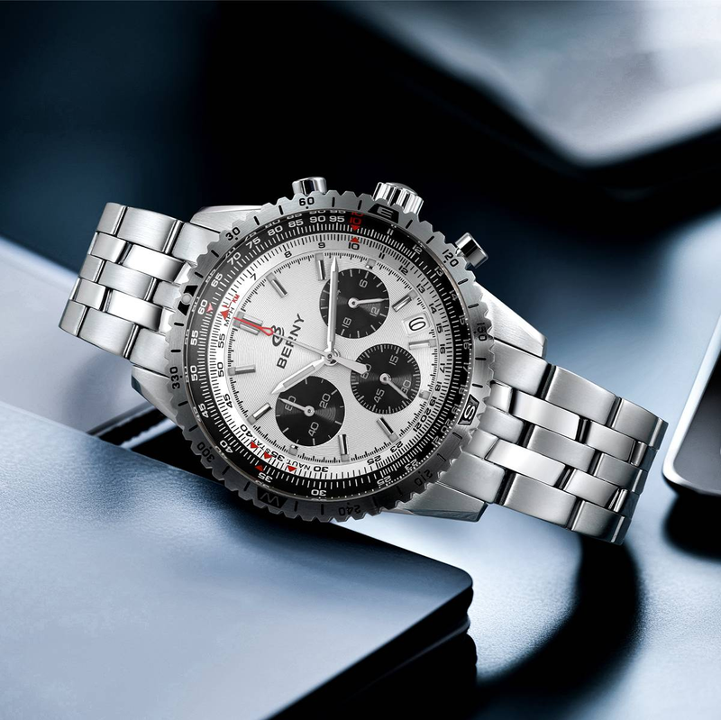 BERNY Silver Chronograph Watches For Men Multifunction Quartz Watch With Tachymeter Date Stainless Steel Waterproof Luminous Sapphire Wristwatch_voghion.com