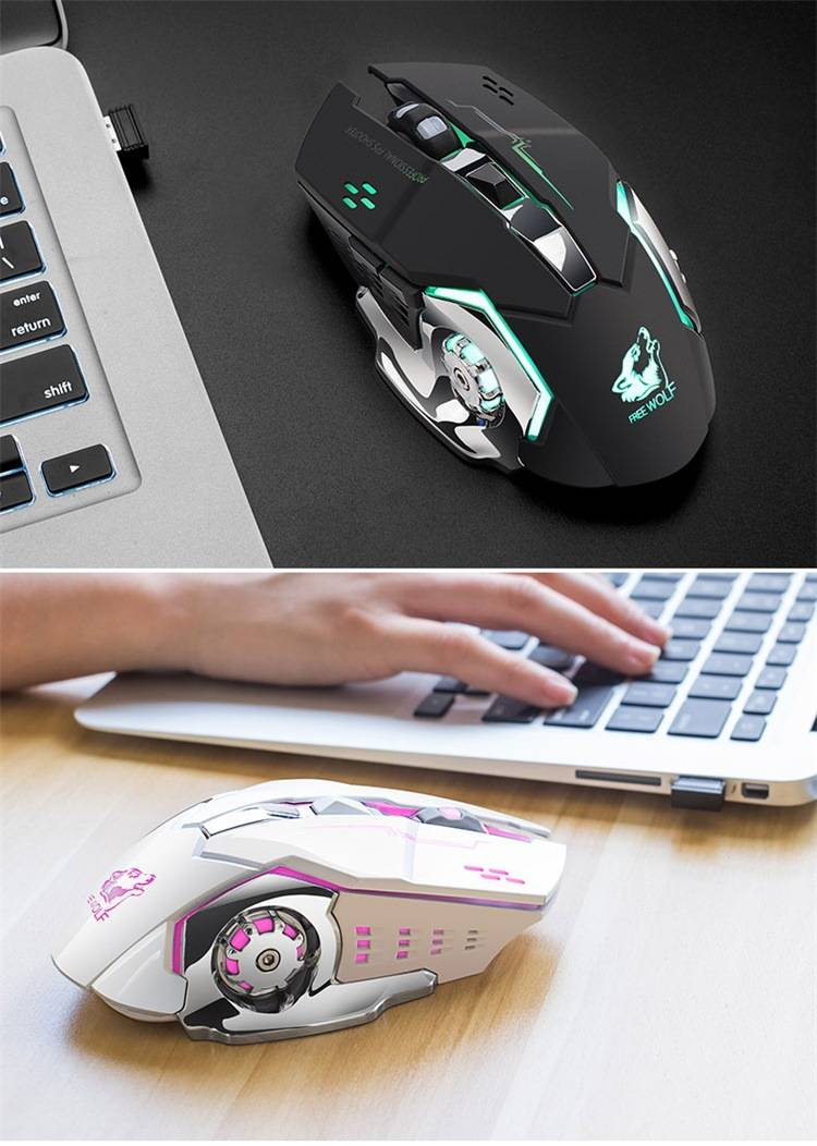 Mouse sem fio para jogos X8 com iluminação RGB, 2400 DPI, 6 botões, design ergonômico para PC/laptop - compatível com Mac e Windows (preto/branco/cinza)_voghion.com