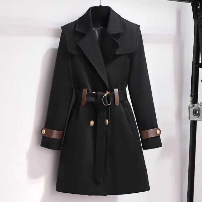 Gabardina de mezcla de lana para mujer: abrigo de invierno a medida con forro acolchado y cintura ceñida (2 tallas). Prenda de abrigo elegante con cuello azul marino._voghion.com