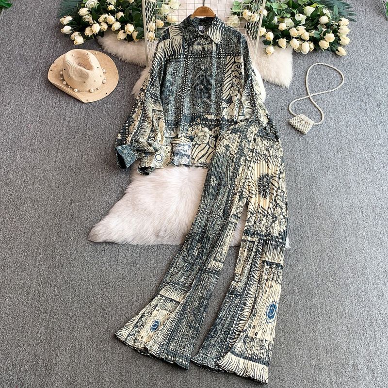 Set aus französischer Vintage-Batikbluse mit Sonnenschutz und hoch taillierter Schlaghose – Laternenärmel, Rüschensaum (Einheitsgröße, 18 Farboptionen)_voghion.com