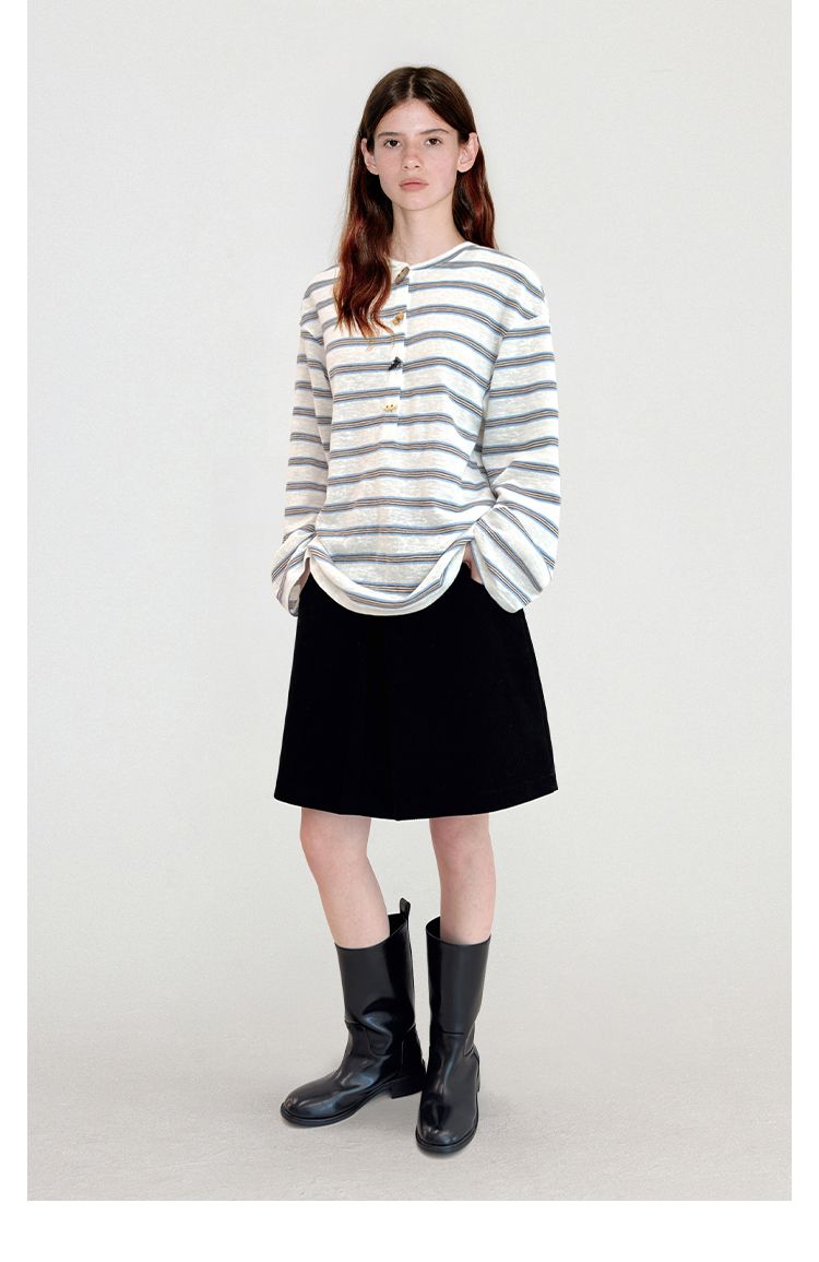 Miu Series Horn Button Henley Shirt Lazy Striped Long Sleeve Loose T-Shirt For Women 2025 New Model_voghion.com